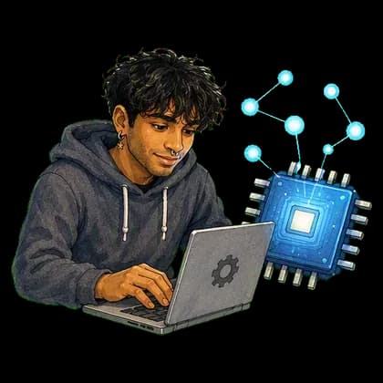 Hari working beside a friendly blue processor