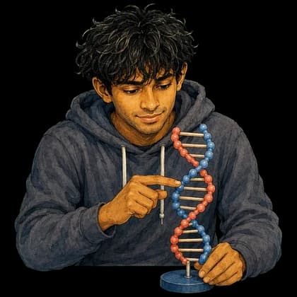 Hari studying a small DNA model with both arms in front of him