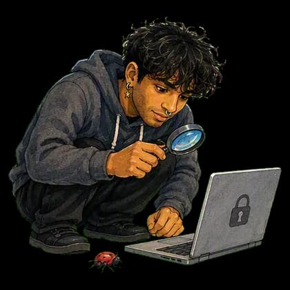 Hari examining a tiny bug beside a laptop