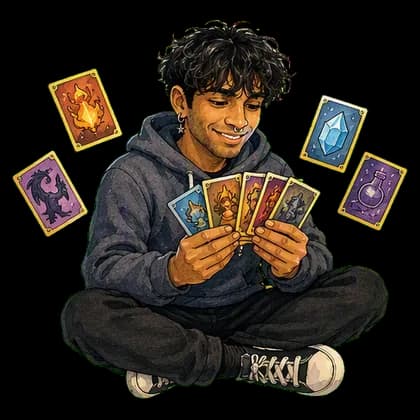 Hari smiling and fanning collectible cards