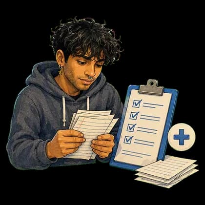 Hari sorting clinical notes beside a checklist