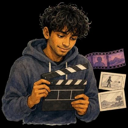 Hari holding a clapperboard beside storyboard sketches