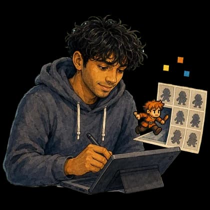 Hari painting a tiny pixel-art world into life
